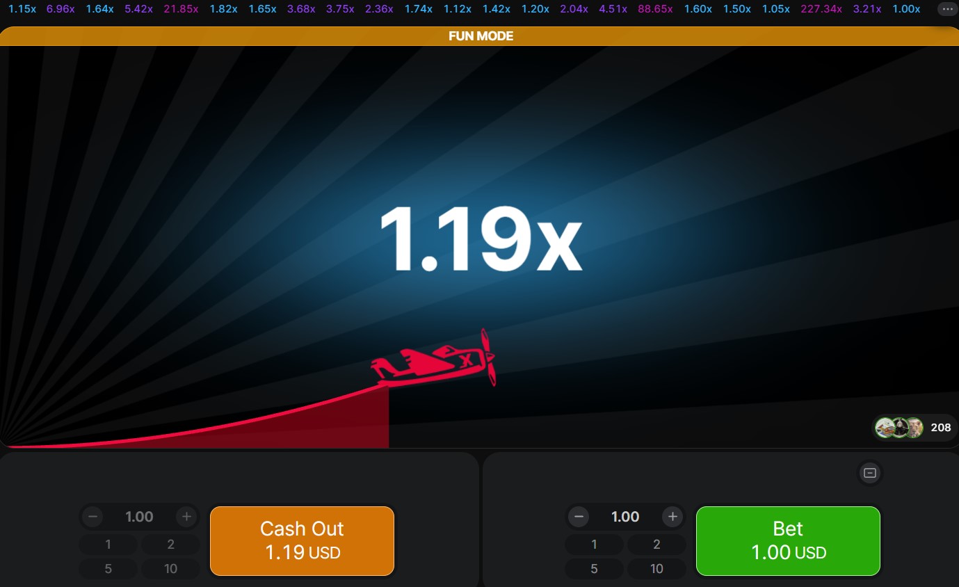 Pantalla de Aviator en modo demo con el historial de multiplicadores en la parte superior y los dos paneles de apuesta