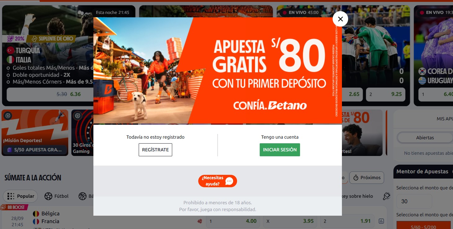 Anuncio de apuesta gratis de S/80 con el primer depósito, con el aviso legal de ludopatía en el lateral