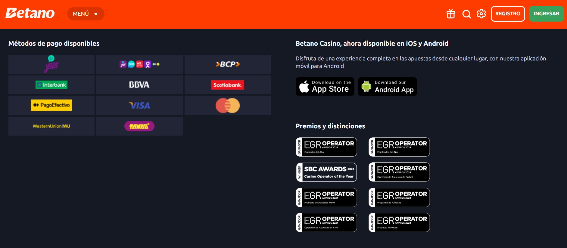 Página de métodos de pago de un casino peruano con Yape, billeteras, BCP, Interbank, BBVA, Scotiabank, PagoEfectivo, Visa, Mastercard, Western Union y Tambo