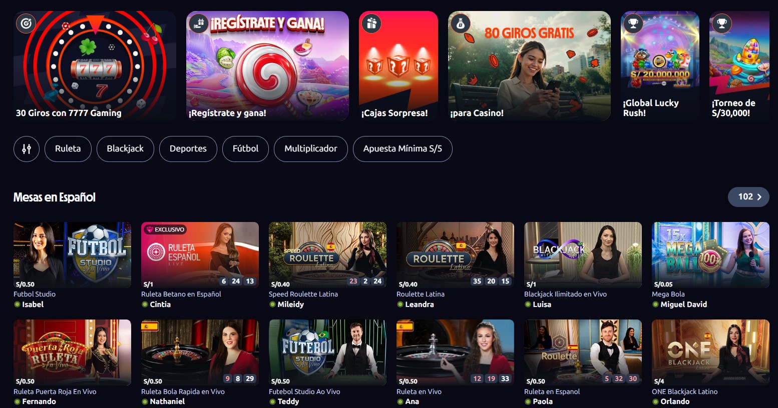 Sección Mesas en Español del casino en vivo de betano.pe con 102 mesas y apuestas mínimas desde S/0.05