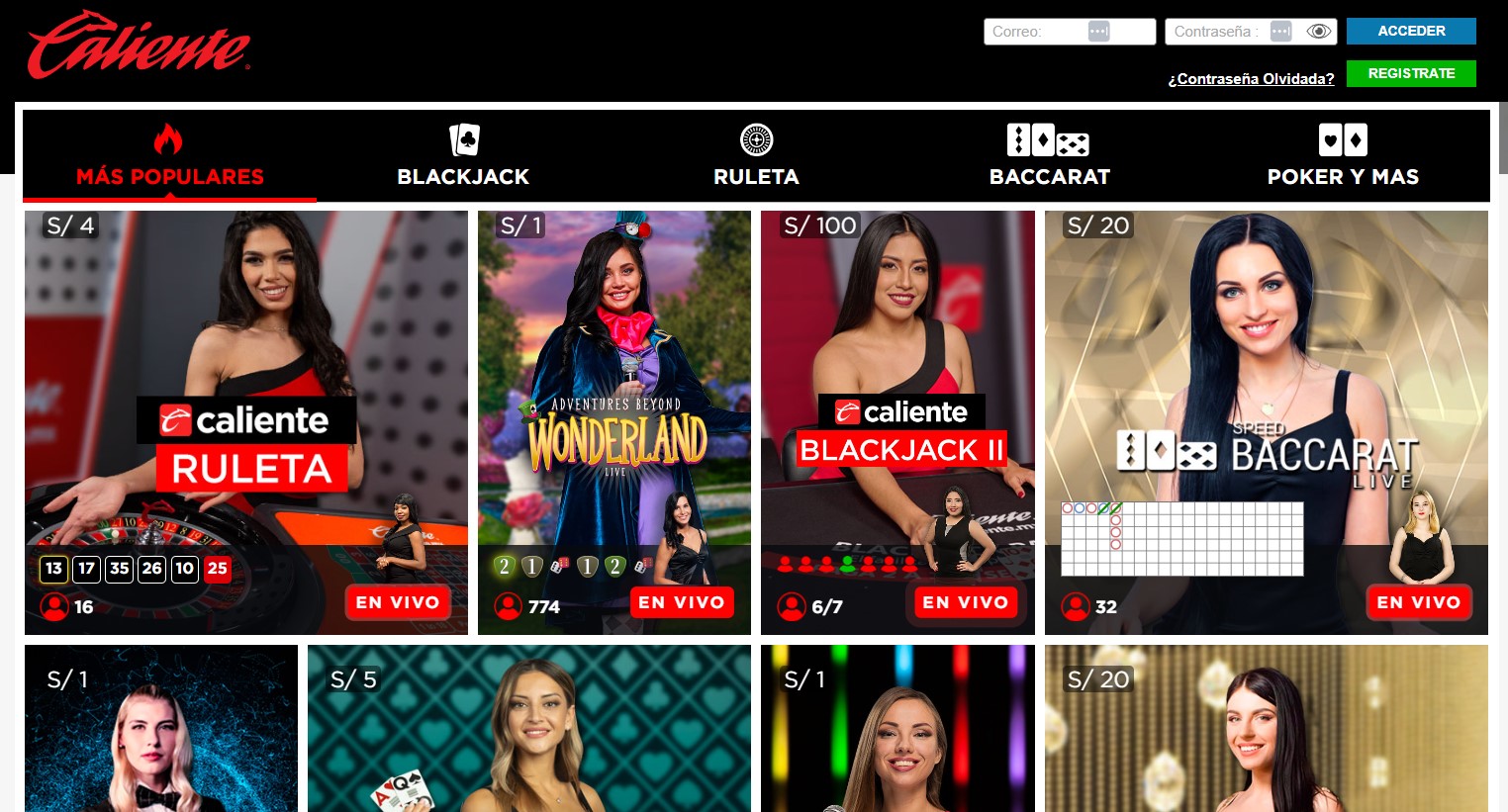 Lobby de casino en vivo de caliente.pe con pestañas por juego y apuestas mínimas desde S/1 hasta S/100