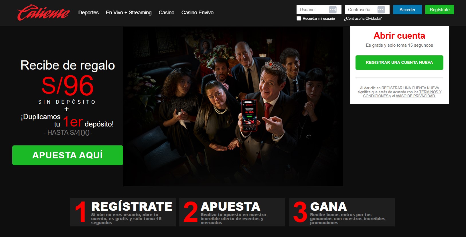 Portada de caliente.pe con una oferta de S/96 sin depósito y duplicación del primer depósito hasta S/400