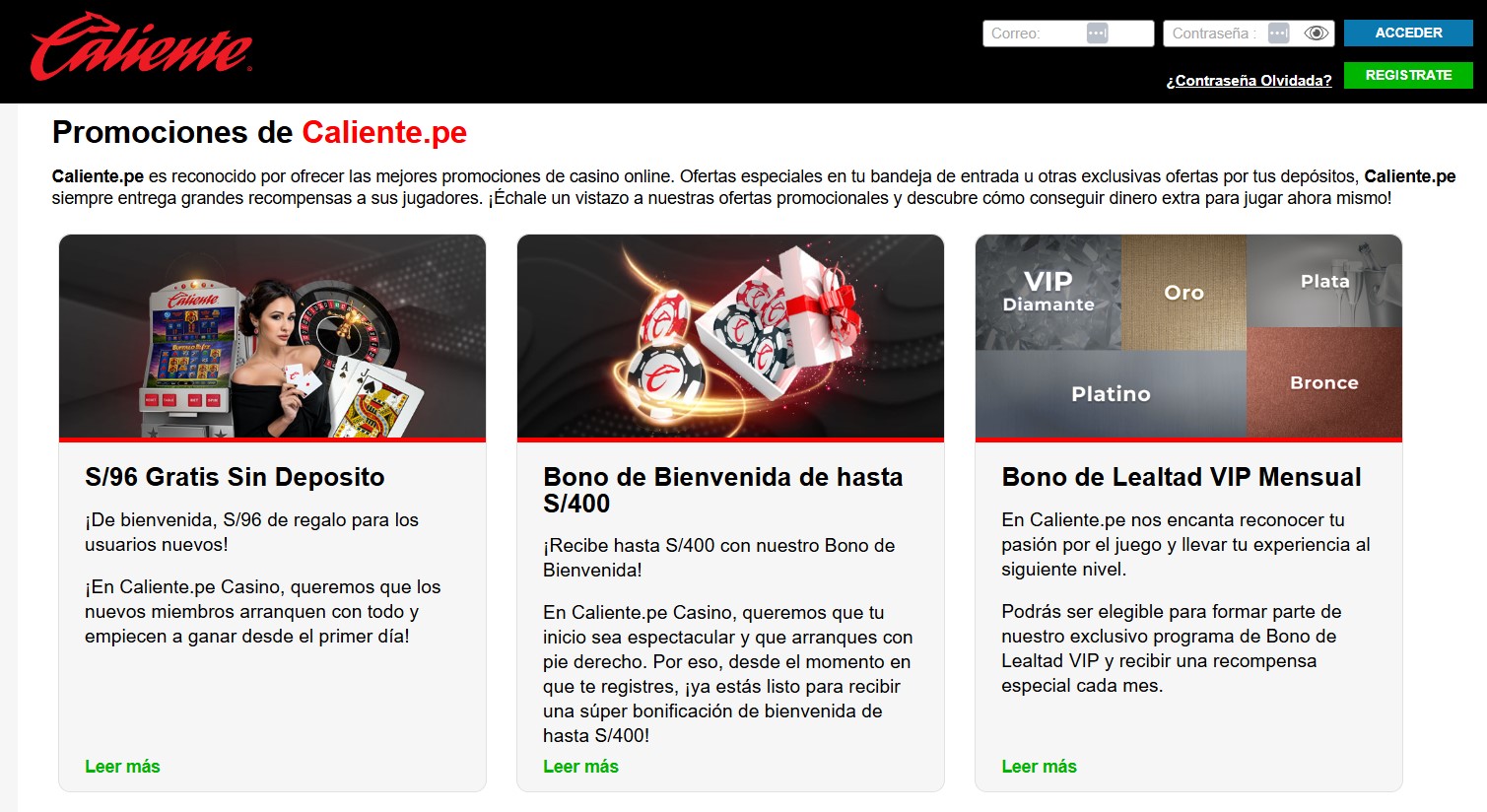 Página de promociones de un casino peruano con una oferta sin depósito de S/96, un bono de bienvenida hasta S/400 y un programa VIP