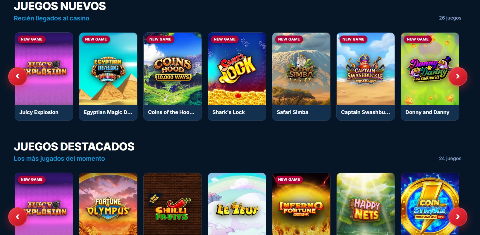 Lobby de casino online con las secciones Juegos nuevos y Juegos destacados