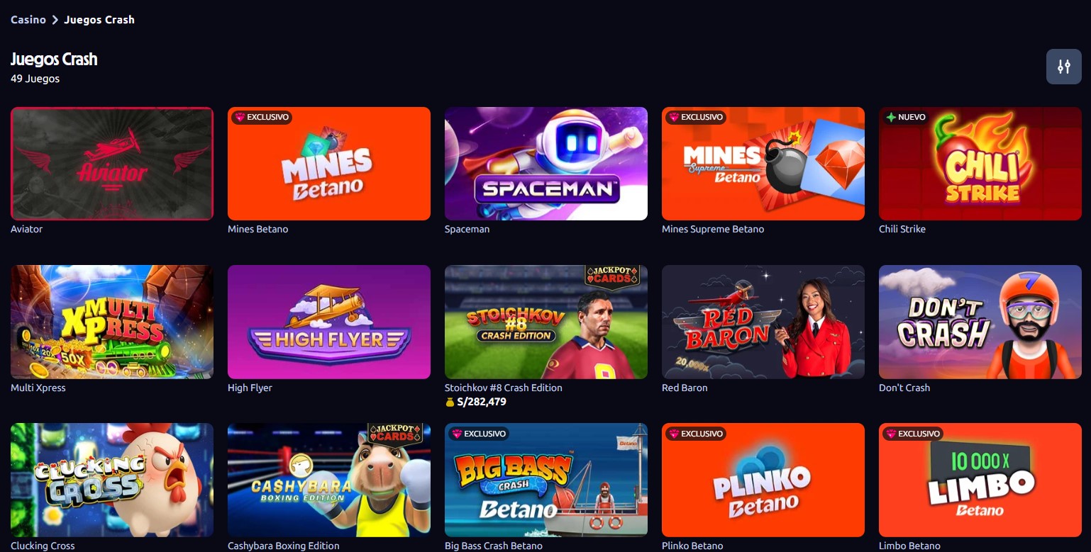 Sección de juegos crash de un casino peruano con 49 juegos y varios títulos marcados como exclusivos del operador