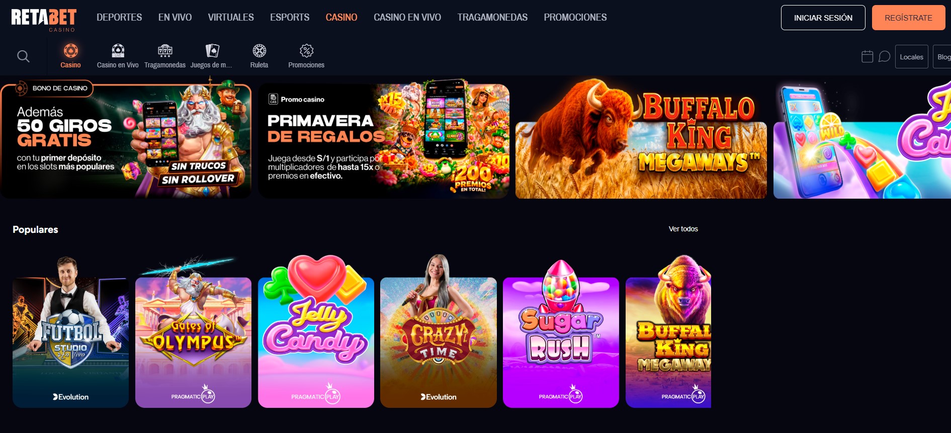 Sección de juegos populares de un casino peruano, con la etiqueta Pragmatic Play bajo cuatro de los seis títulos
