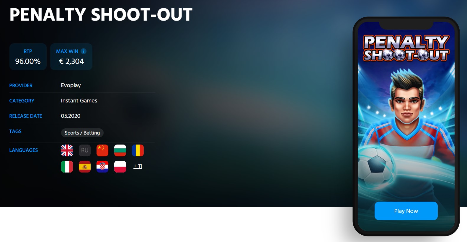 Ficha de producto de Penalty Shoot-Out con RTP del 96 por ciento, ganancia máxima y el proveedor Evoplay