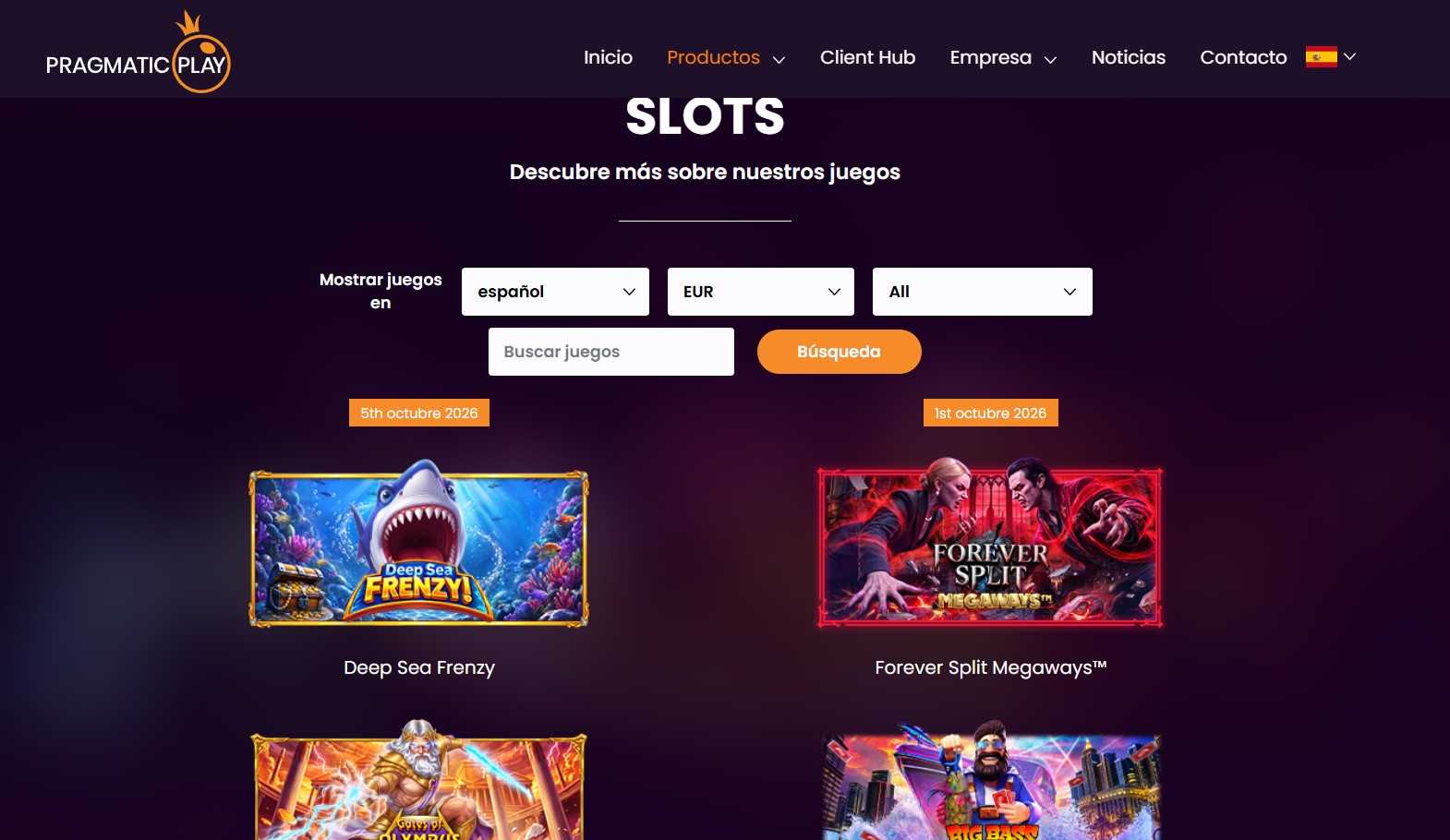 Catálogo de tragamonedas en el sitio del estudio, con filtros de idioma, moneda y categoría