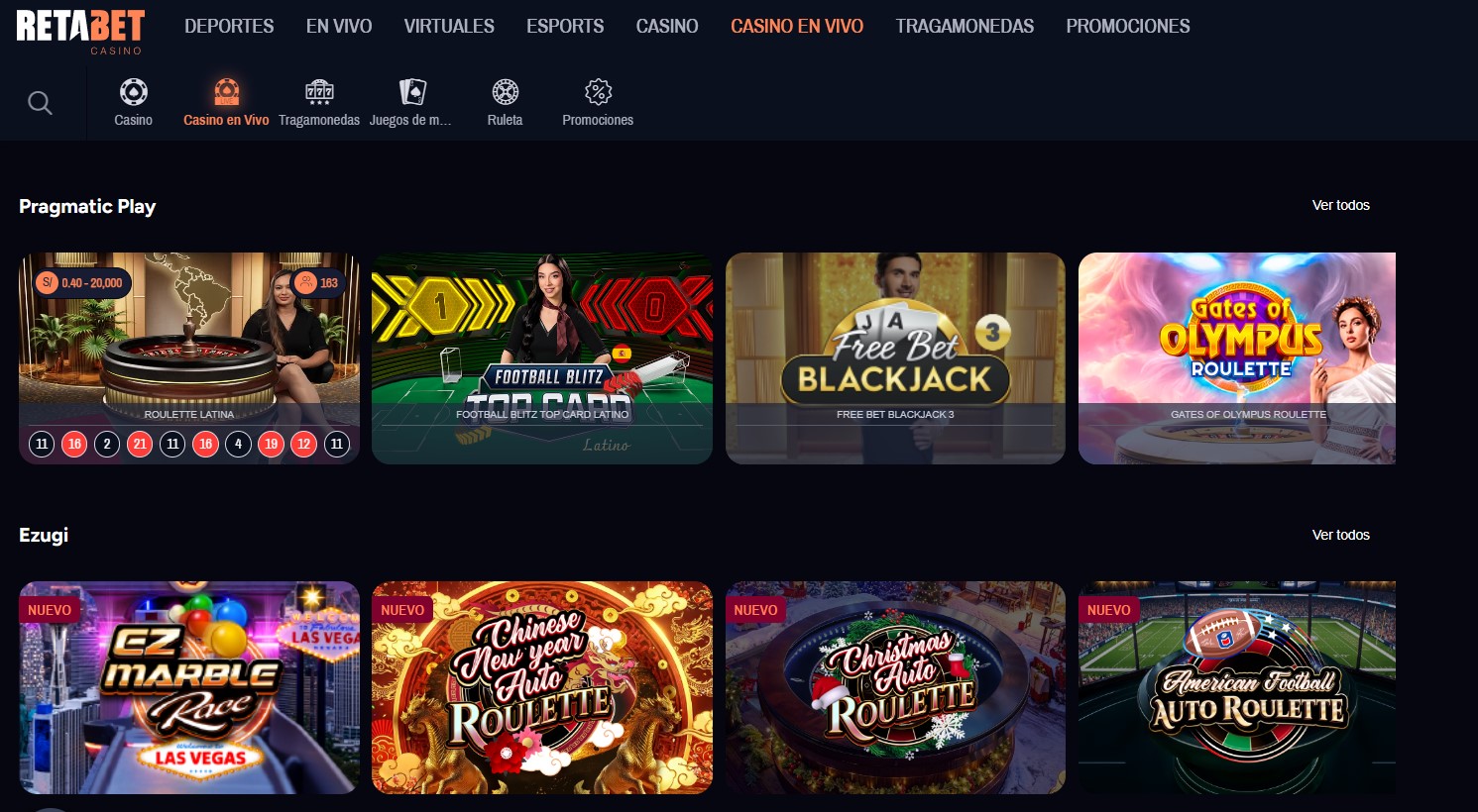 Lobby de casino en vivo de retabet.pe organizado por proveedor, con las secciones Pragmatic Play y Ezugi