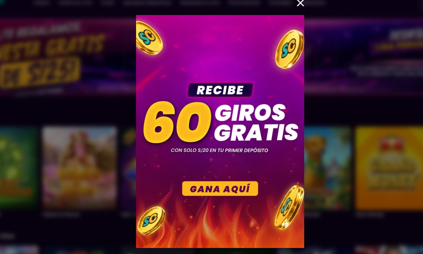 Ventana emergente que ofrece 60 giros gratis con solo S/20 en el primer depósito