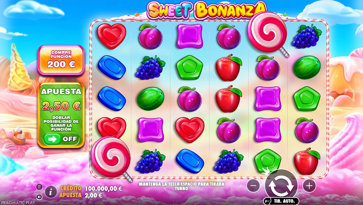 Pantalla de Sweet Bonanza en modo demo, con la cuadrícula de seis por cinco, la compra de función y la apuesta en euros