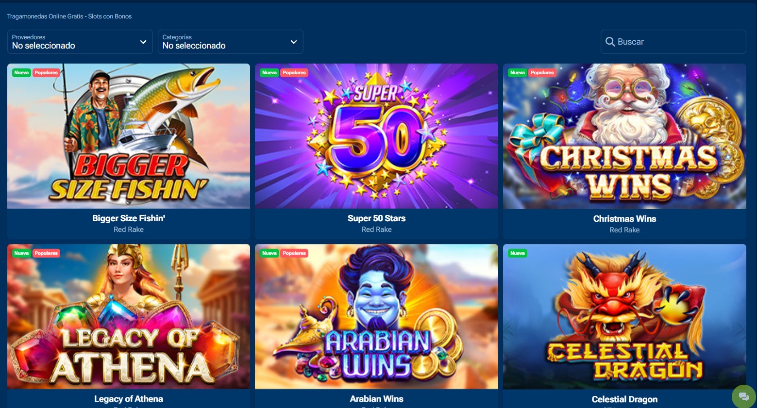 Lobby de casino con un filtro de proveedores y el nombre del estudio bajo cada juego